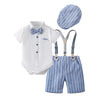Baby boy outfit with white shirt, blue striped shorts, suspenders, bow tie, and hat on a white background.