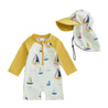 Children's swimsuit with sailboat pattern, sun hat